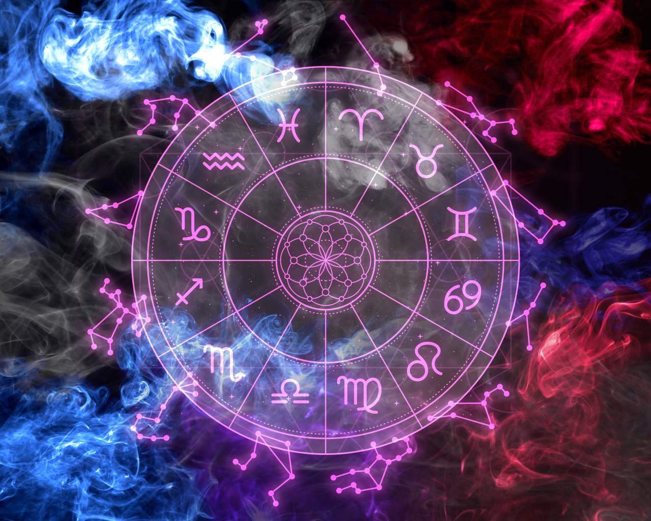 Круг со знаками зодиака на фоне разноцветного дыма