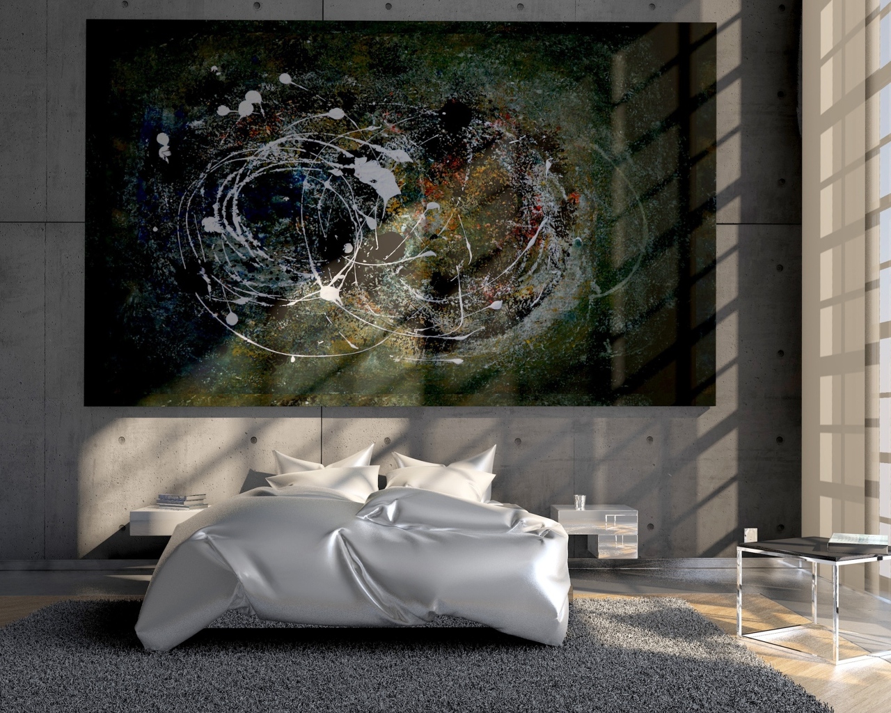 Абстрактная картина на стене в спальне с большим окном