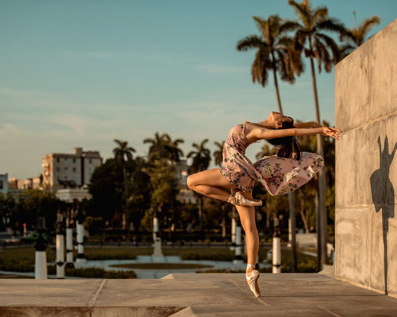 Девушка балерина в платье в красивой позе в лучах солнца