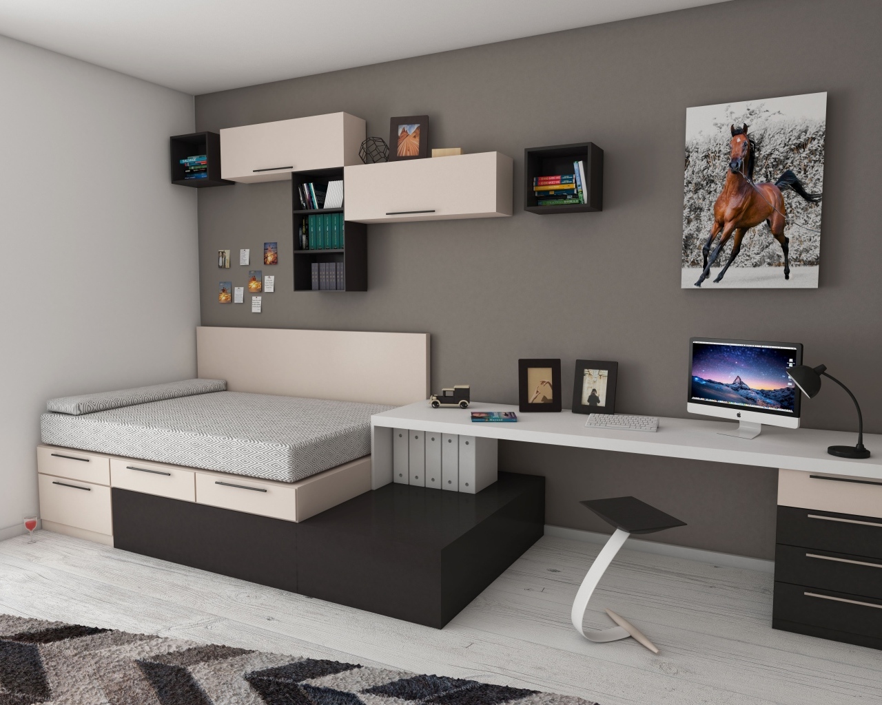 Спальня в серых тонах с картиной на стене