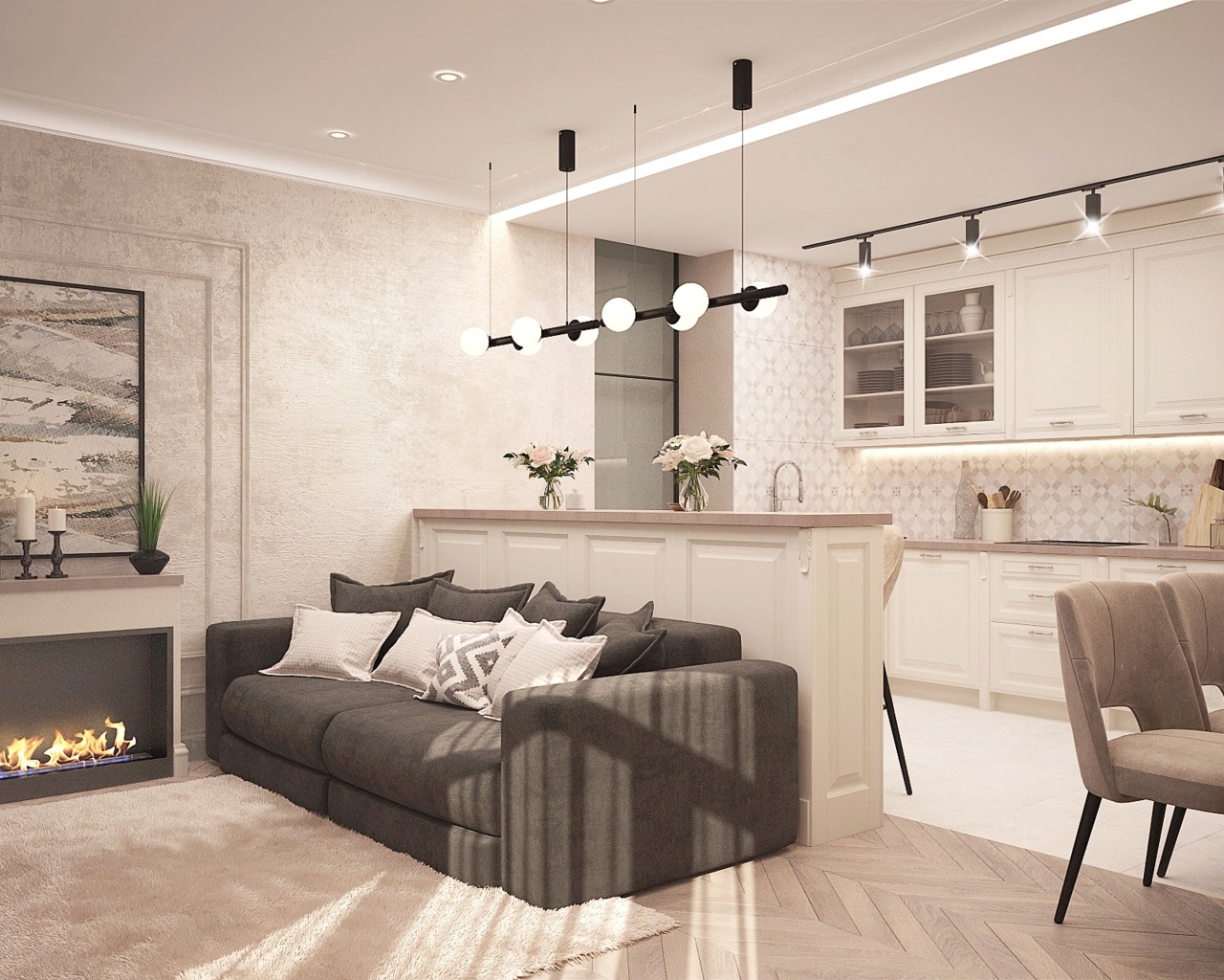 Светлая гостиная с камином и кухней