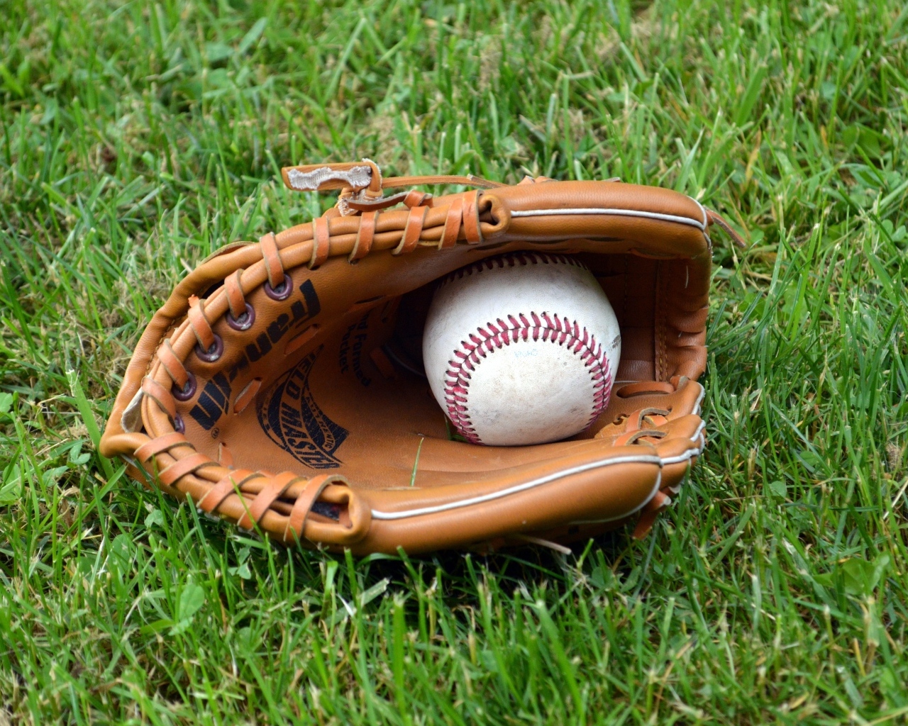 Перчатка и бейсбольный мяч на зеленой траве 
