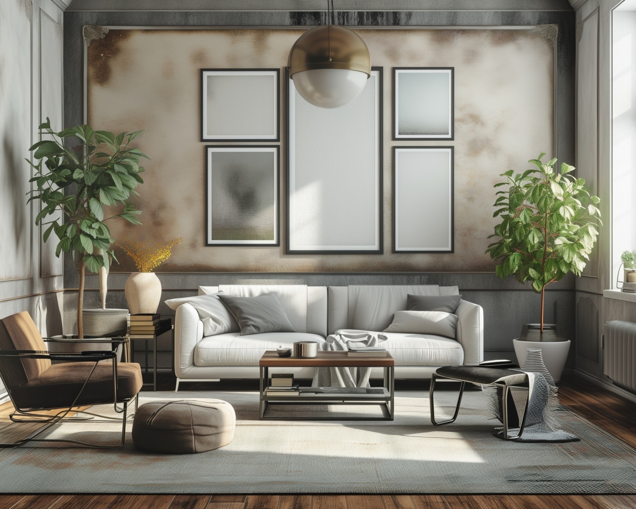 Большой серый диван в комнате с картиной на стене