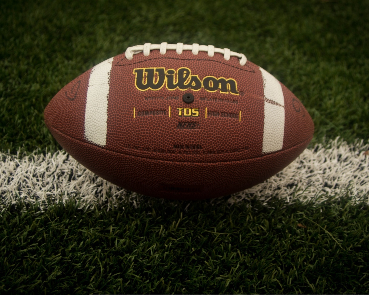 Кожаный мяч для американского футбола на зеленой траве