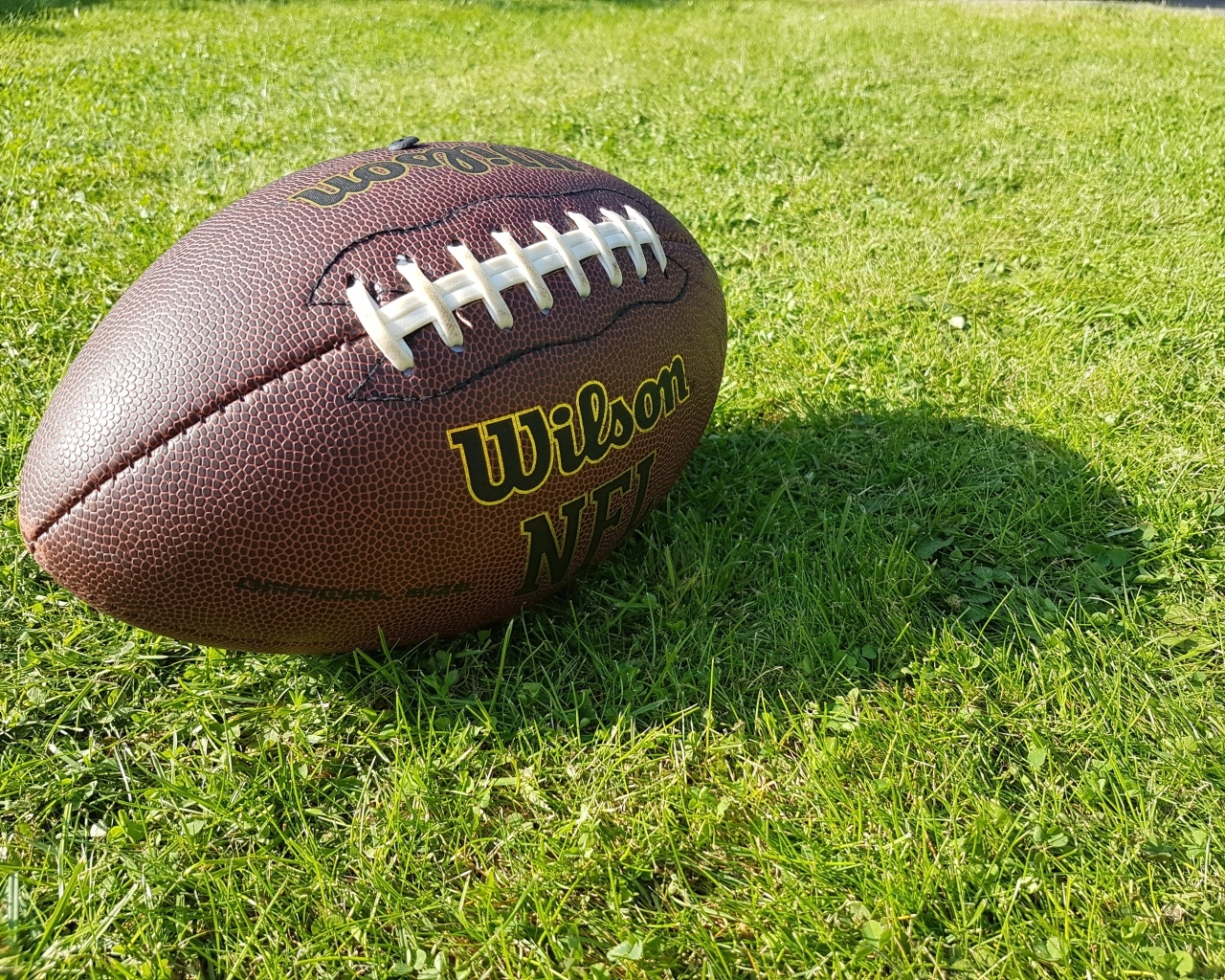 Кожаный мяч для американского футбола на зеленой траве