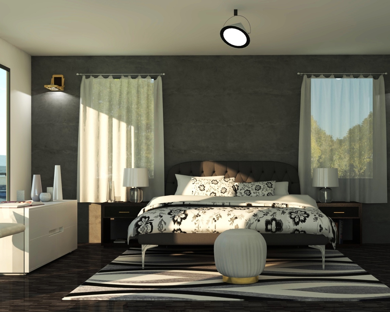 Комната с большой кроватью и окнами