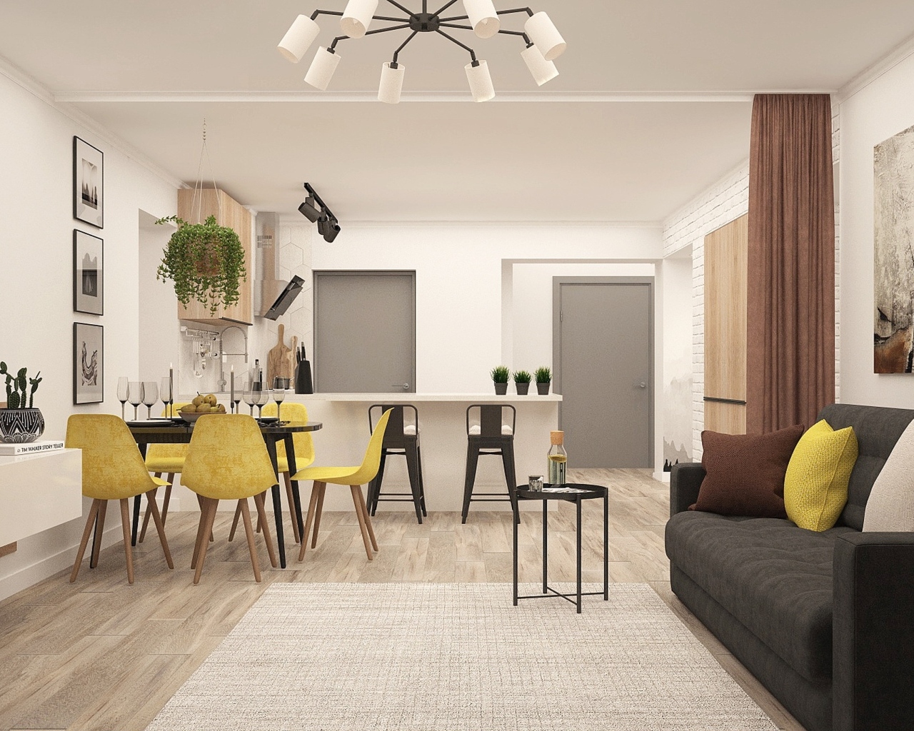 Просторная гостиная совмещена с кухней