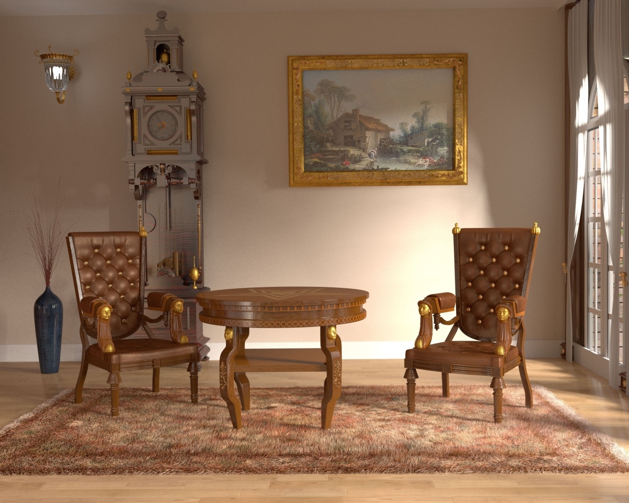 Кожаные винтажные кресла в комнате с большими часами