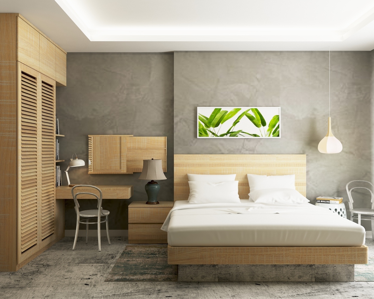 Деревянная мебель в комнате с серыми стенами