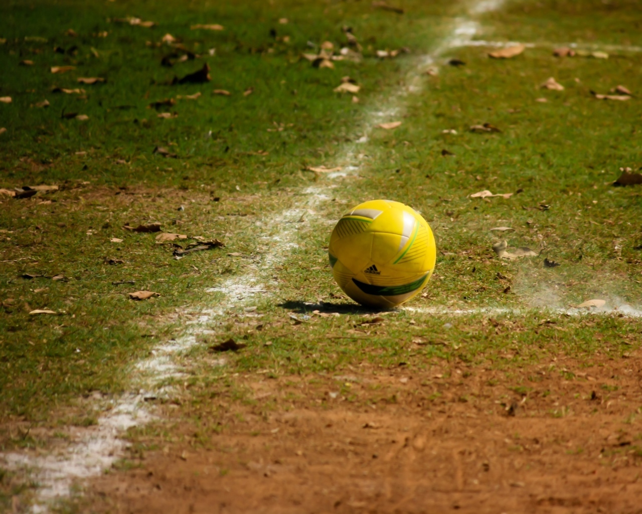 Желтый мяч на футбольном поле осенью 