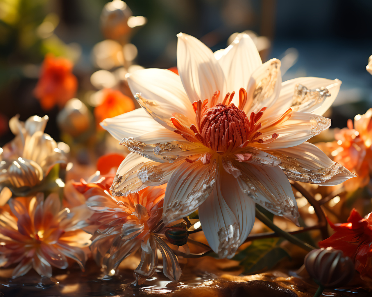 Распустившийся необычный цветок в воде с бутонами