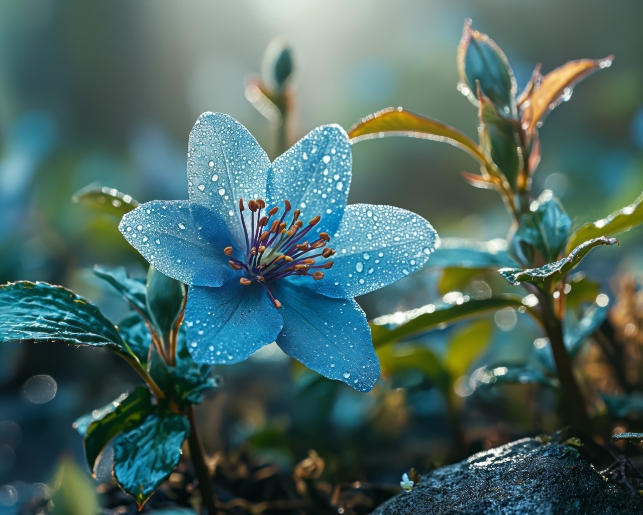 Синий цветок с бутонами в каплях росы