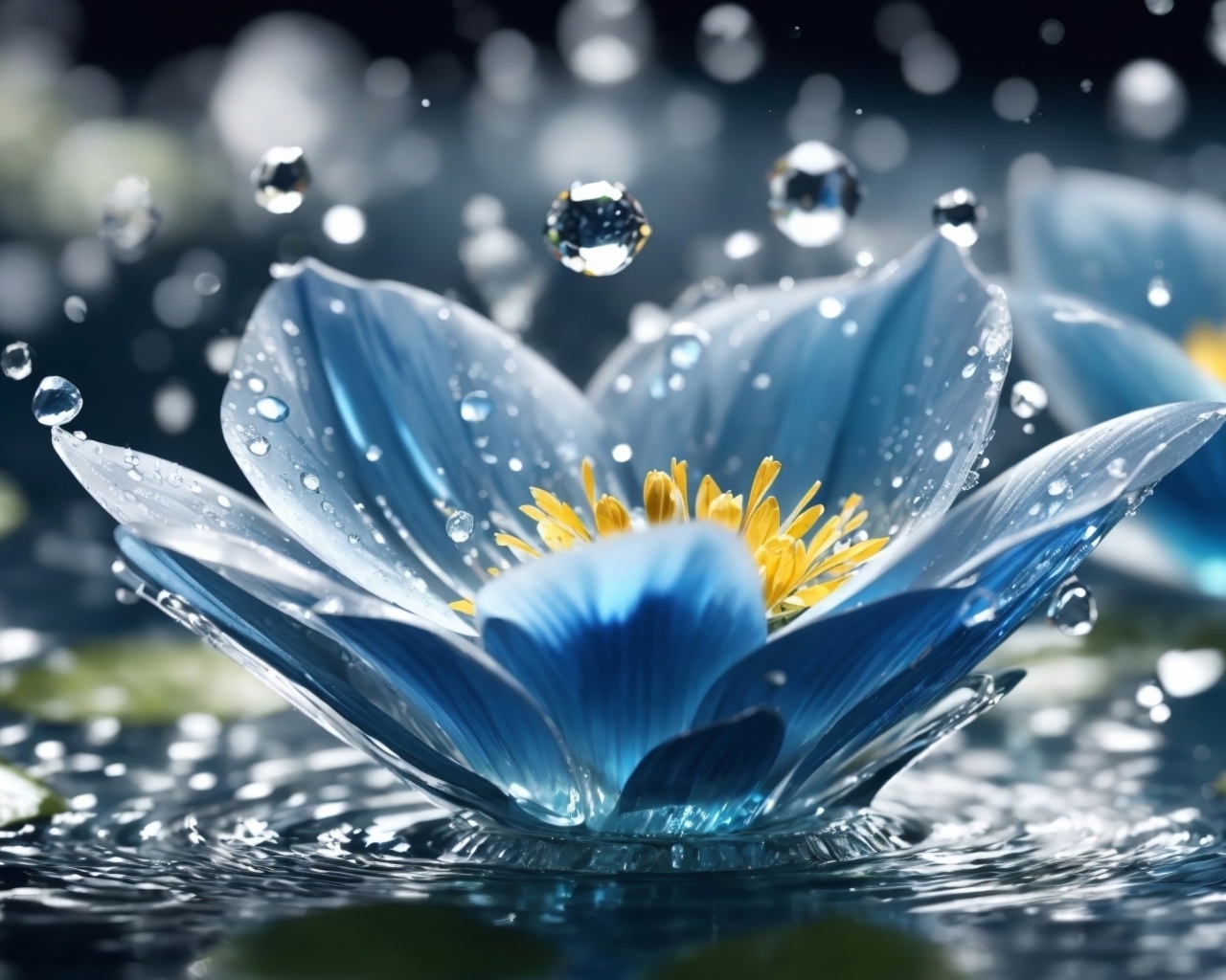 Капли дождя летят на красивый синий цветок