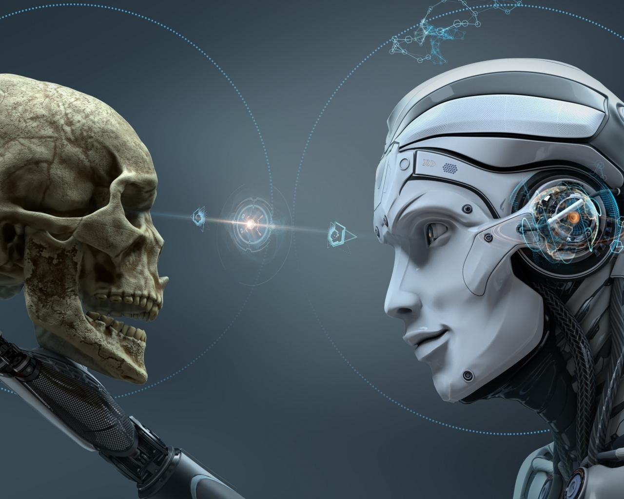 Робот держит в руке череп человека 3д графика