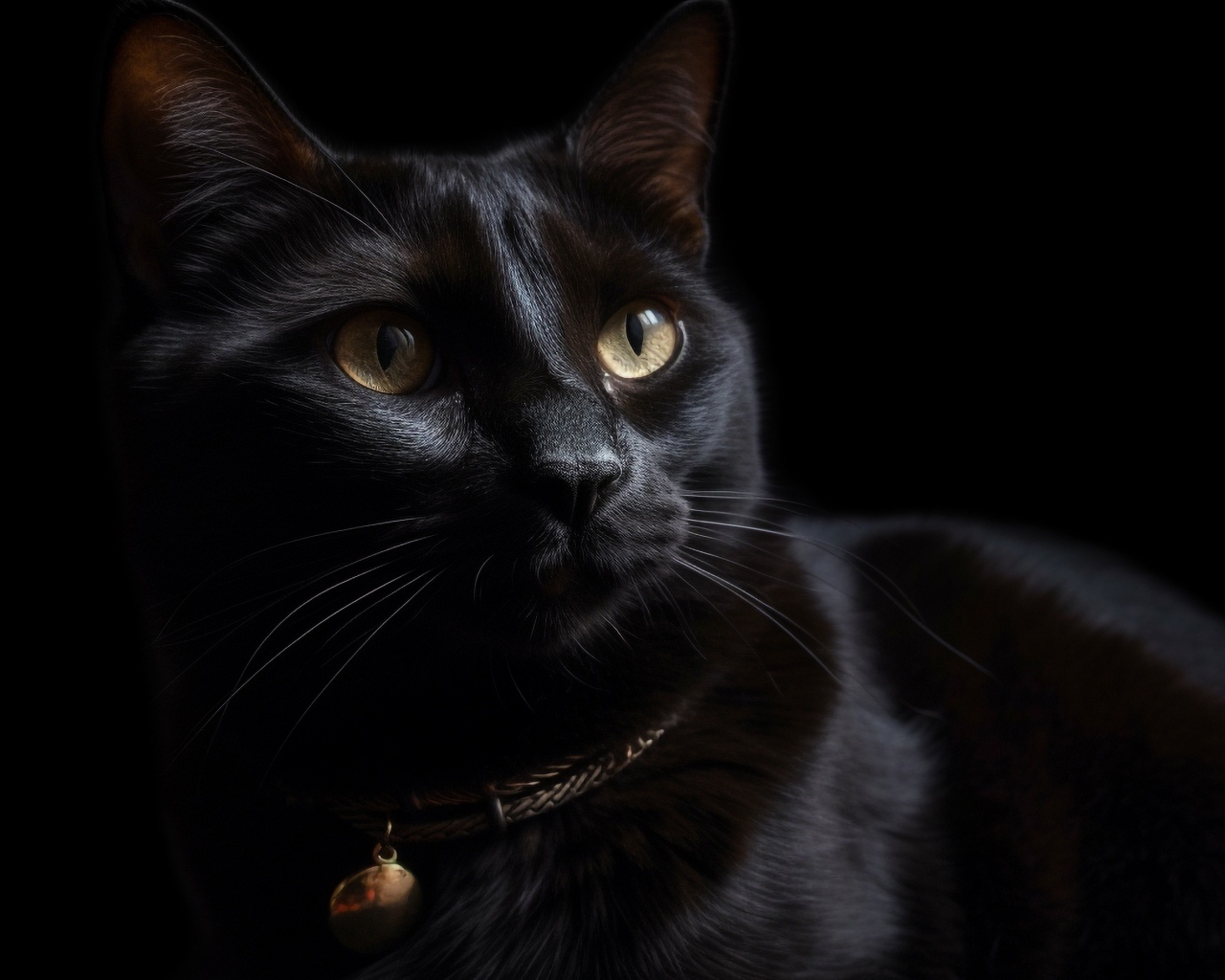 Красивый черный домашний кот с ошейником