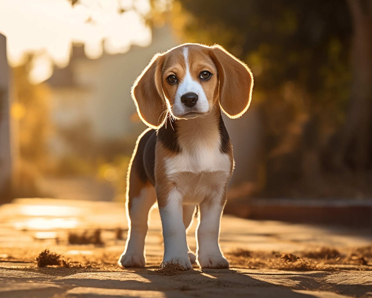 Щенок бигля стоит на дороге