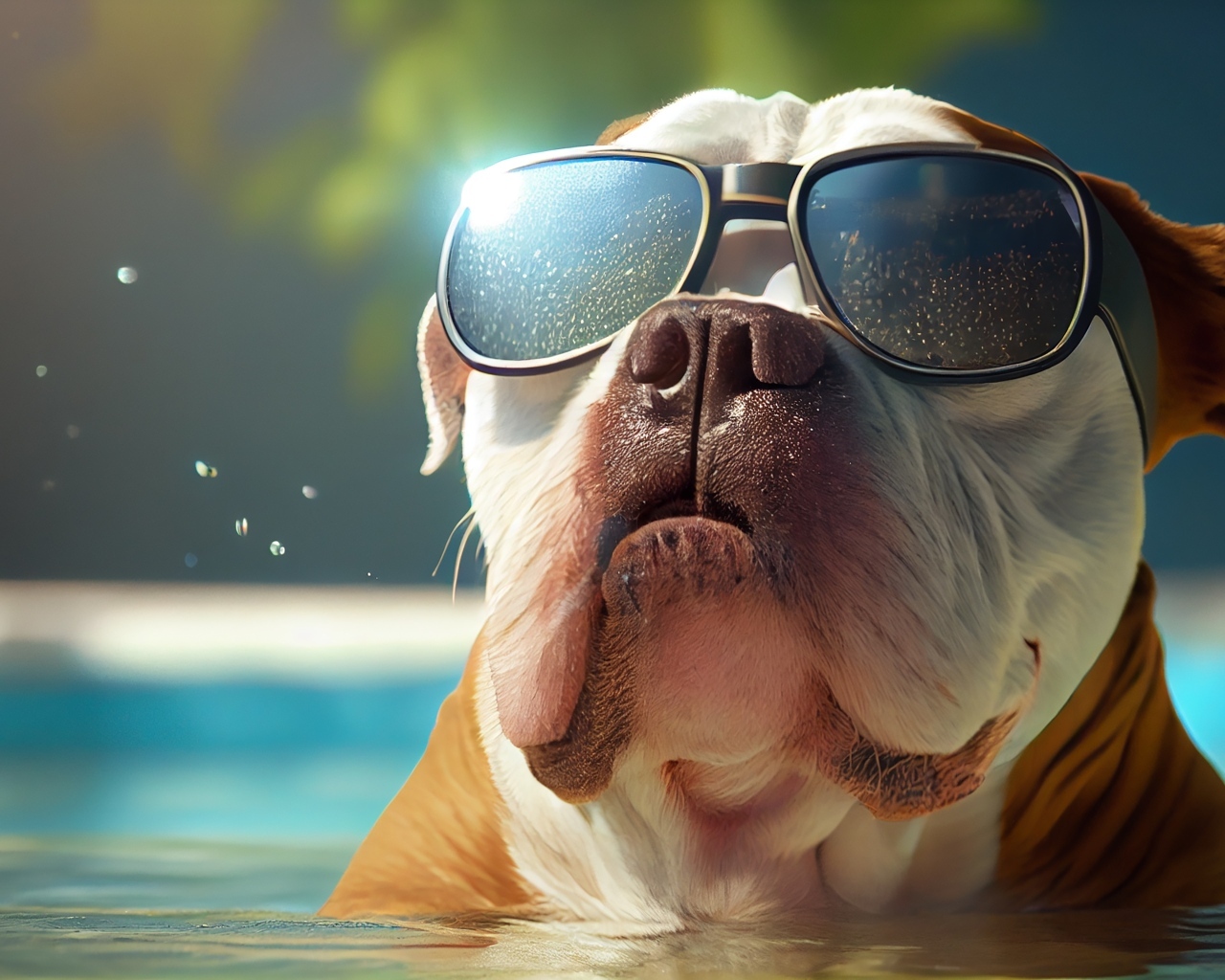 Бульдог в очках сидит в воде