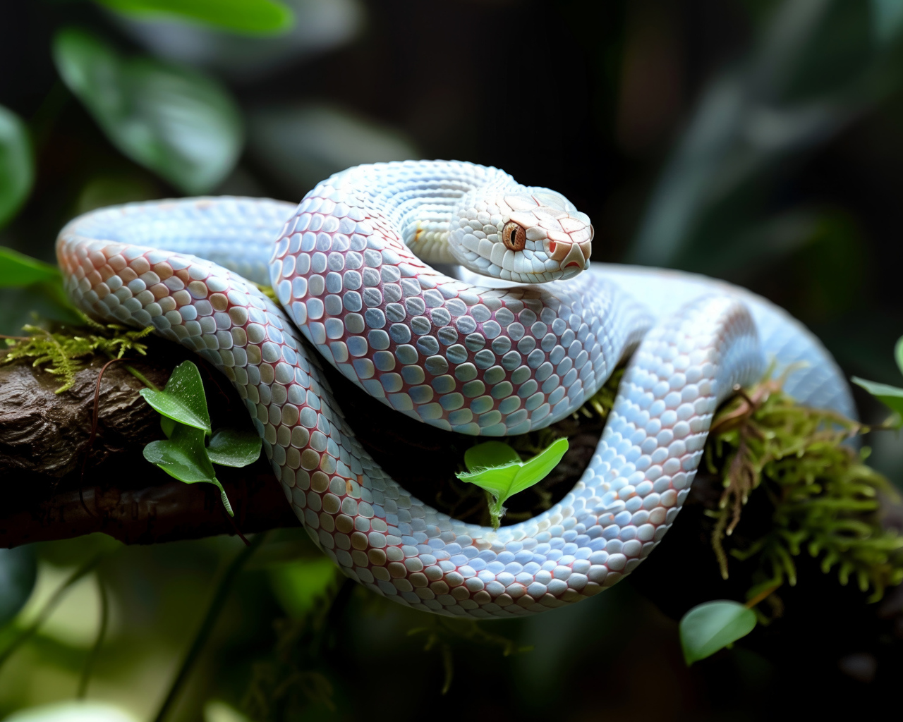 Большая голубая змея на ветке дерева