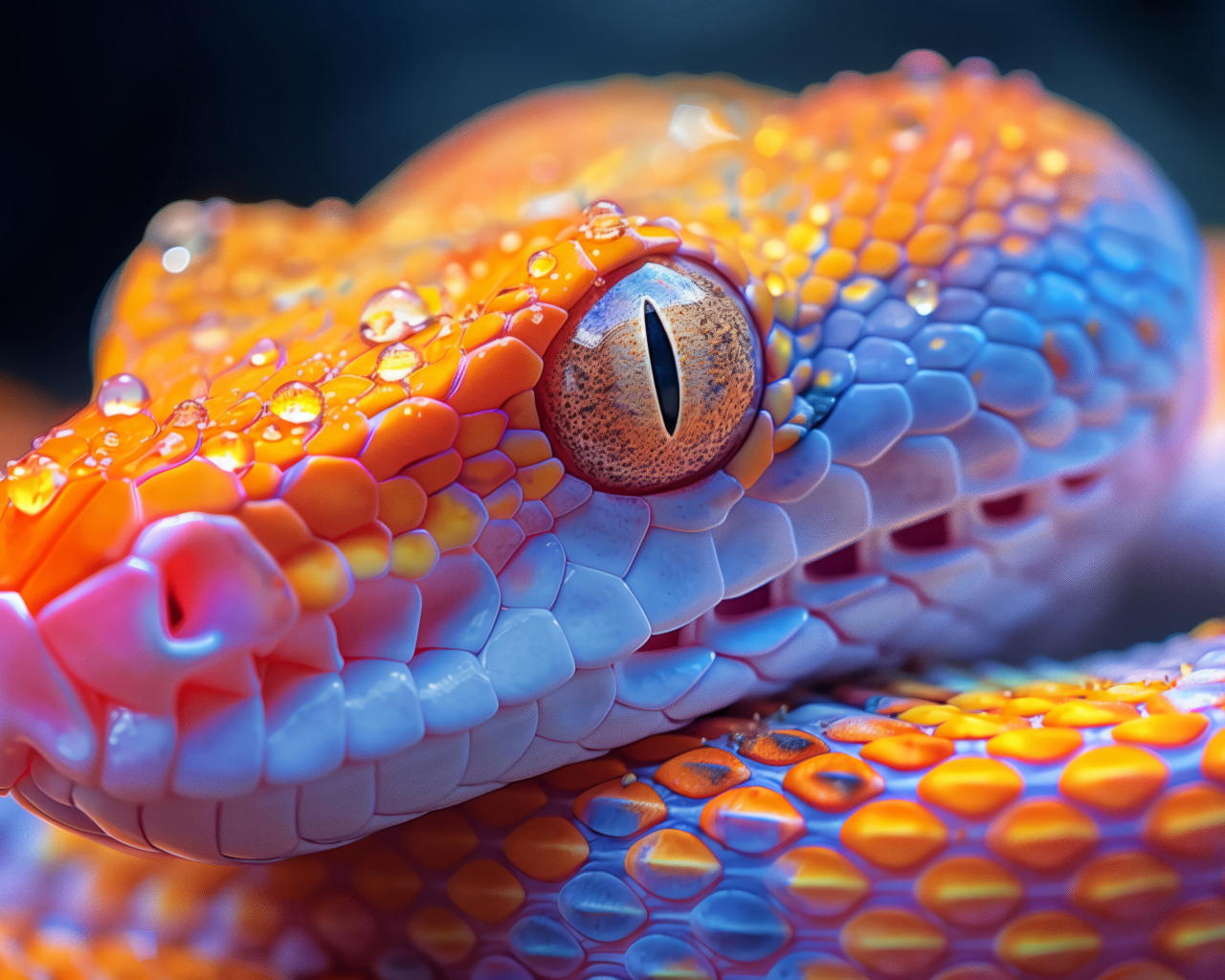 Большая оранжевая змея в каплях воды