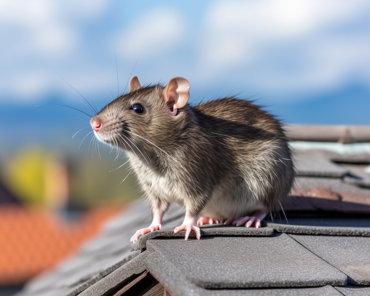 Серая крыса сидит на крыше