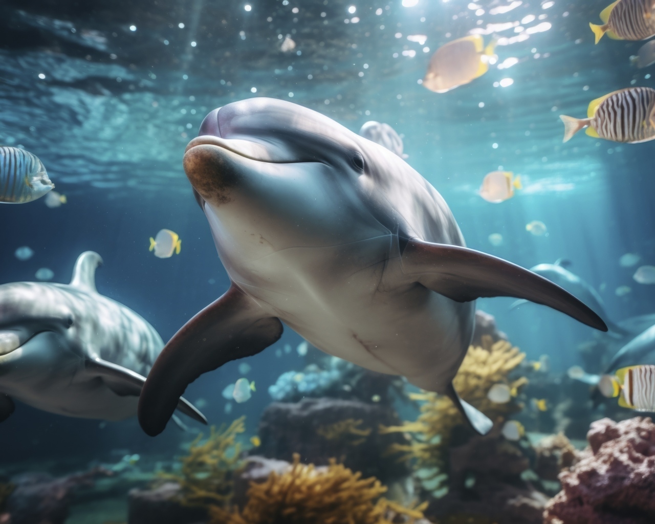 Дельфины и рыбы под водой