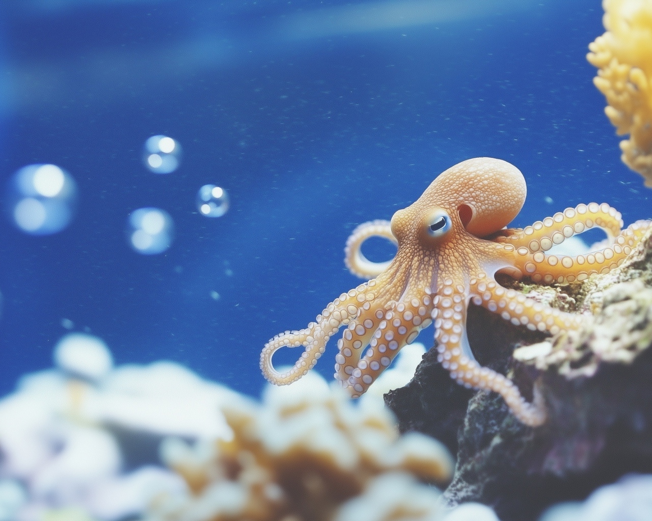 Осьминог у камня под водой