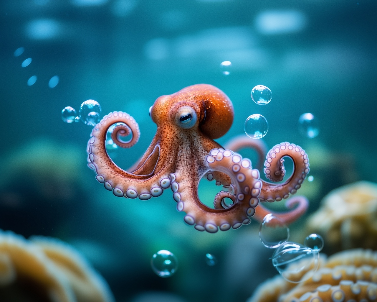 Осьминог с пузырями под водой