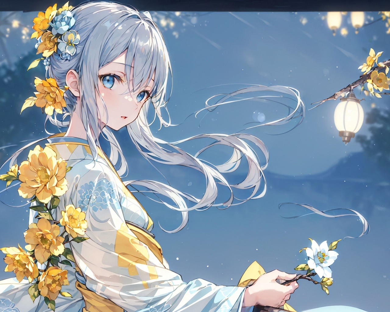 Девушка аниме украшена желтыми цветами