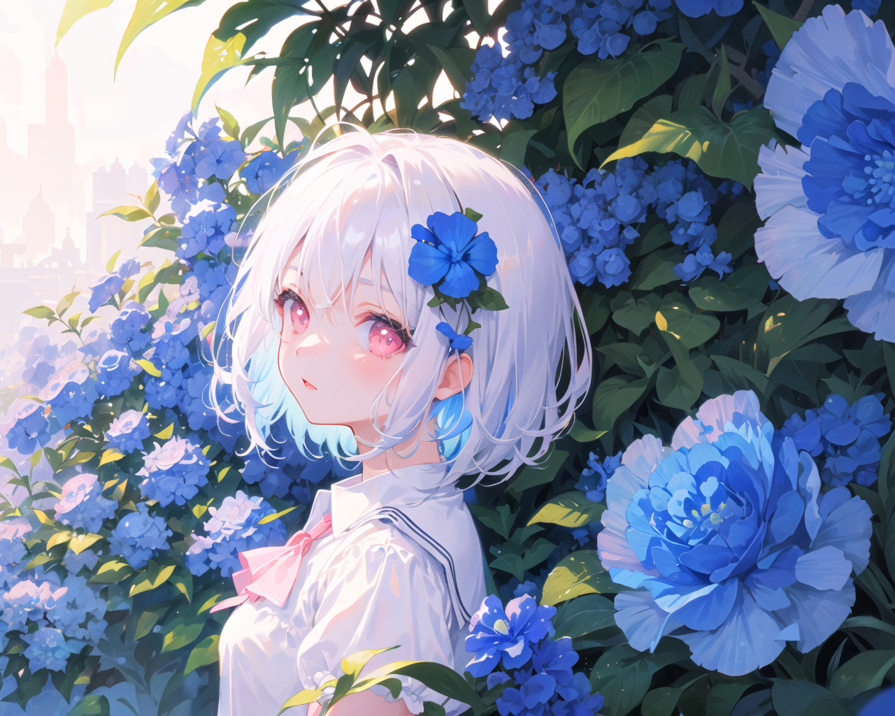 Девушка аниме на фоне голубых цветов