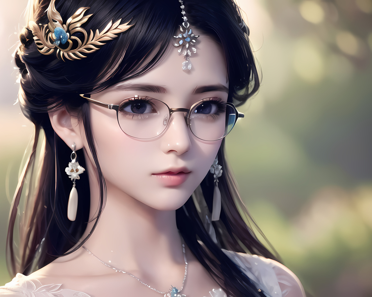Девушка аниме в очках с украшениями на голове