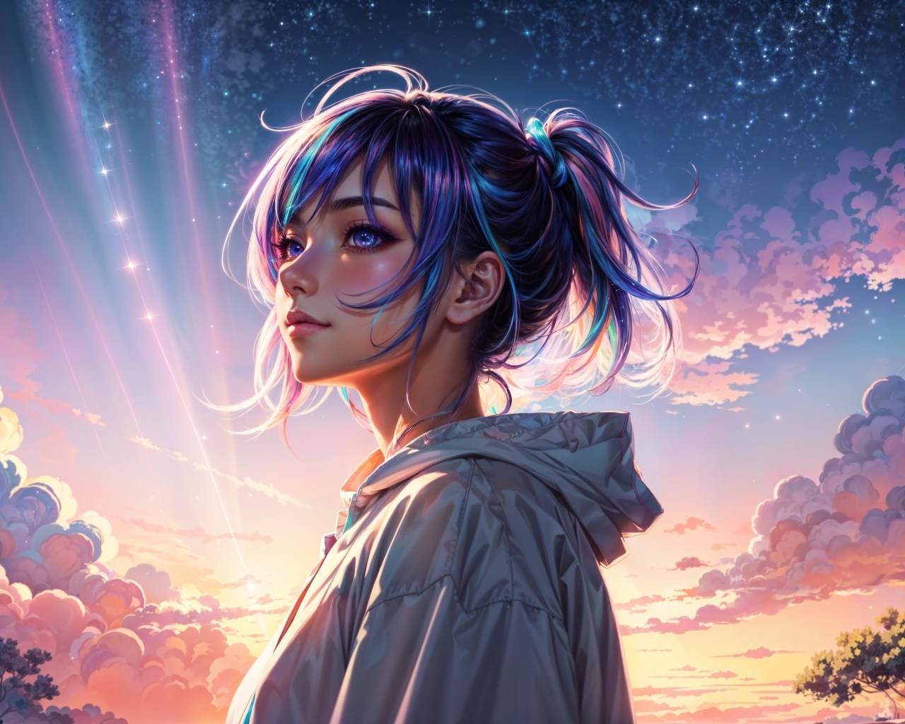Девушка аниме с фиолетовыми волосами на фоне неба