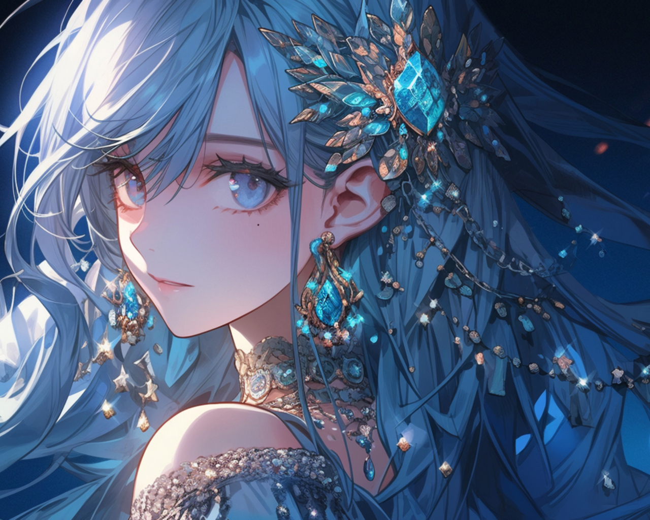 Девушка аниме с синими волосами с драгоценными камнями