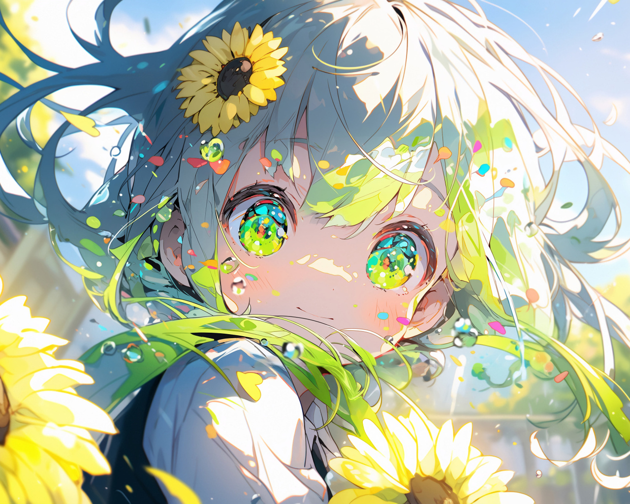 Зеленоглазая девочка аниме с подсолнухами