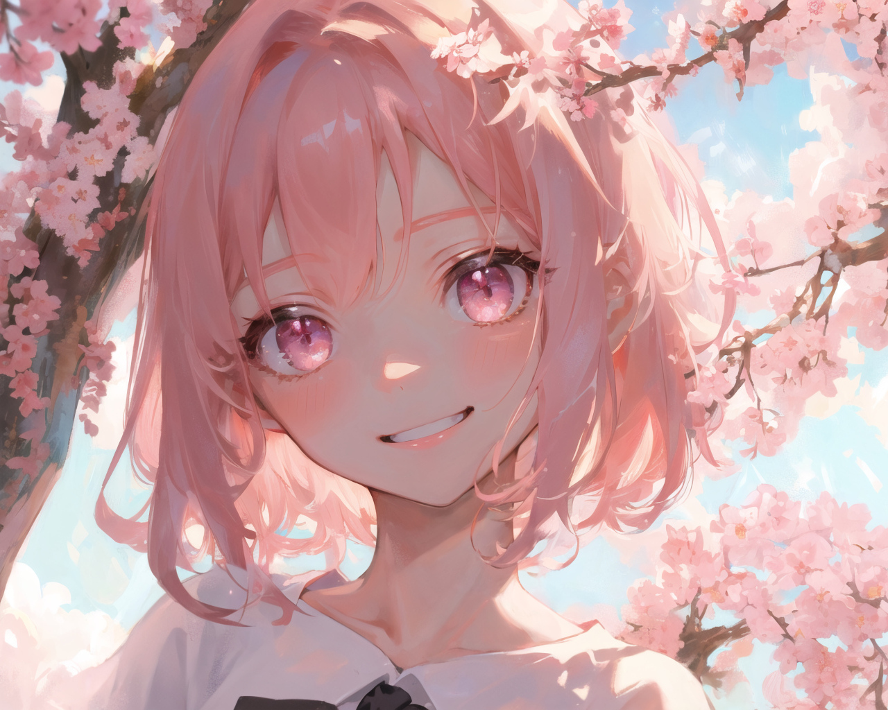 Улыбающаяся девушка аниме с розовыми волосами на фоне цветов