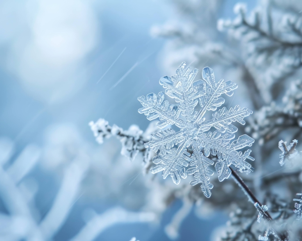 Снежинка на ветке макросъемка