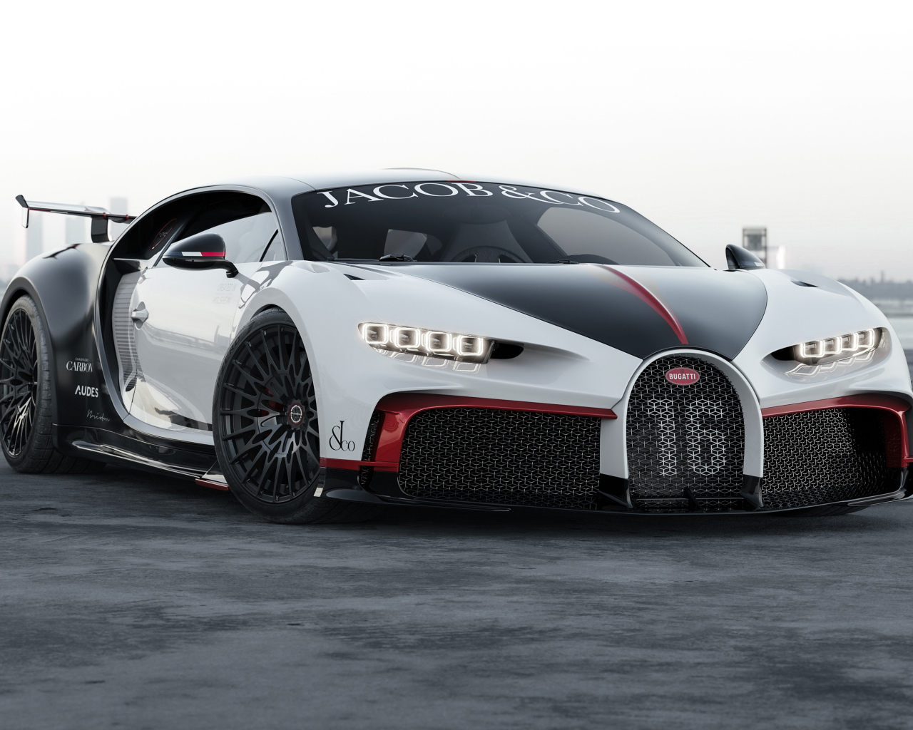 Быстрый спортивный автомобиль Bugatti Chiron вид спереди