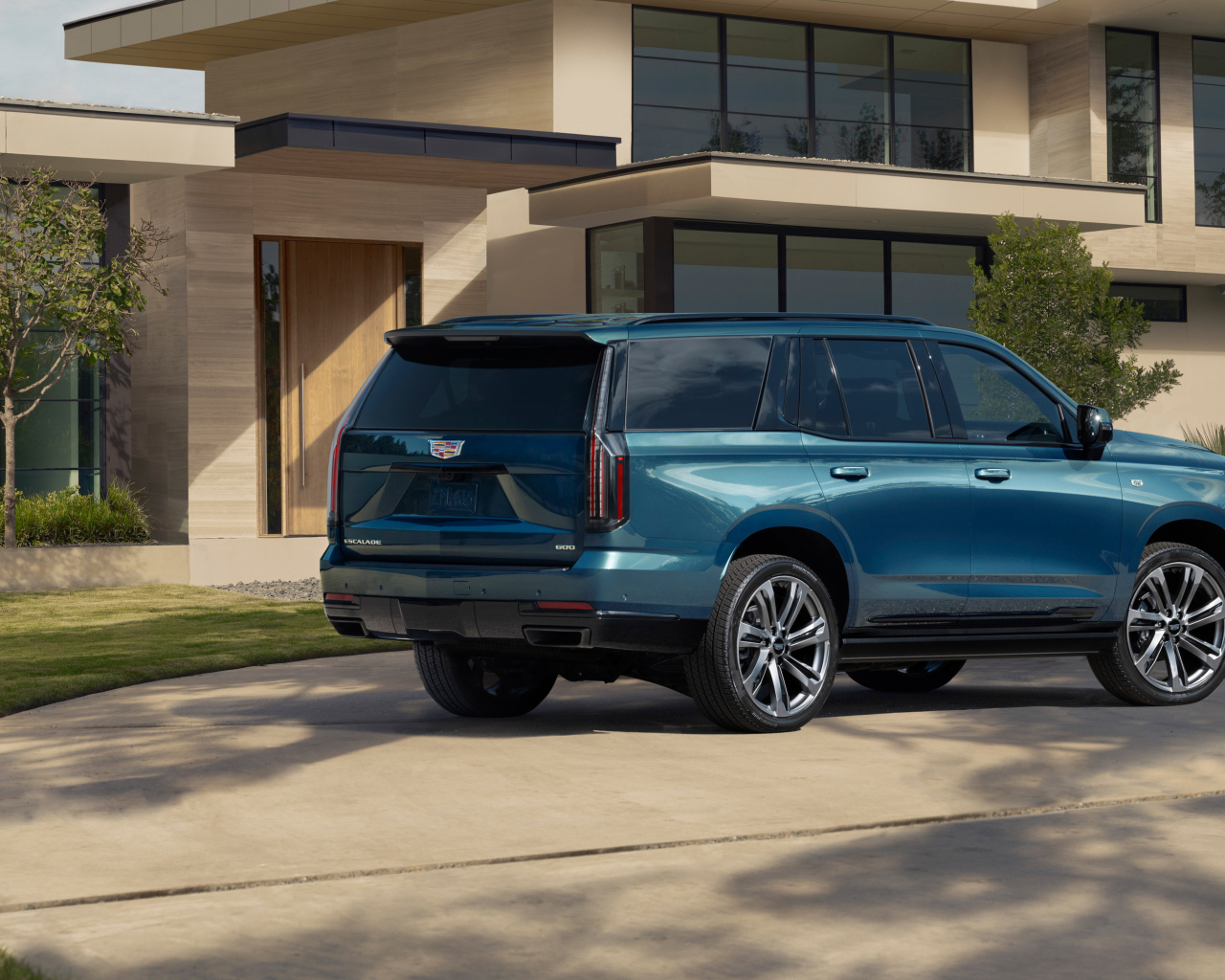 Синий внедорожник Cadillac Escalade 2025 года вид сзади