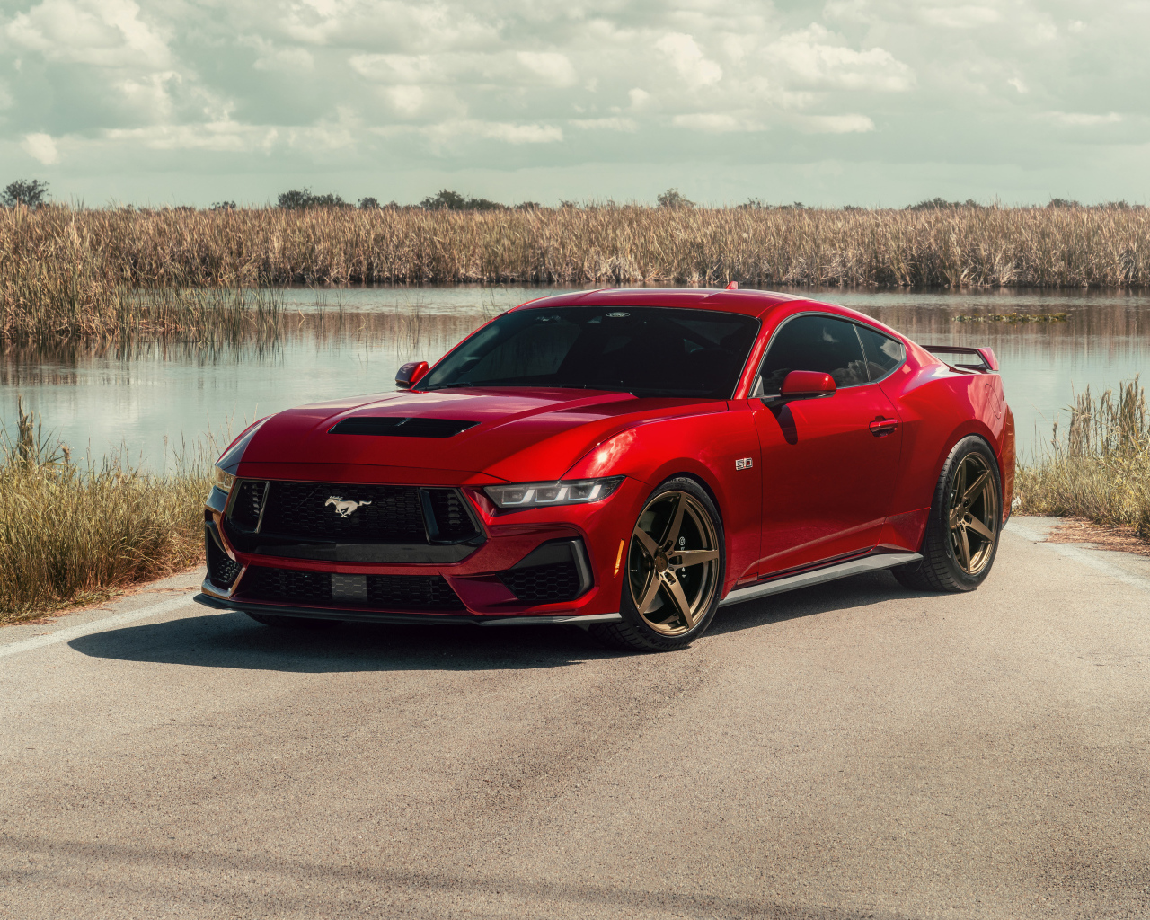 Красный Ford Mustang S650 у воды