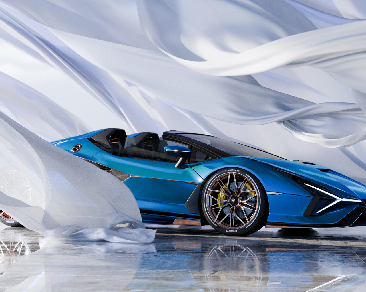 Голубой автомобиль Lamborghini Sián Roadster