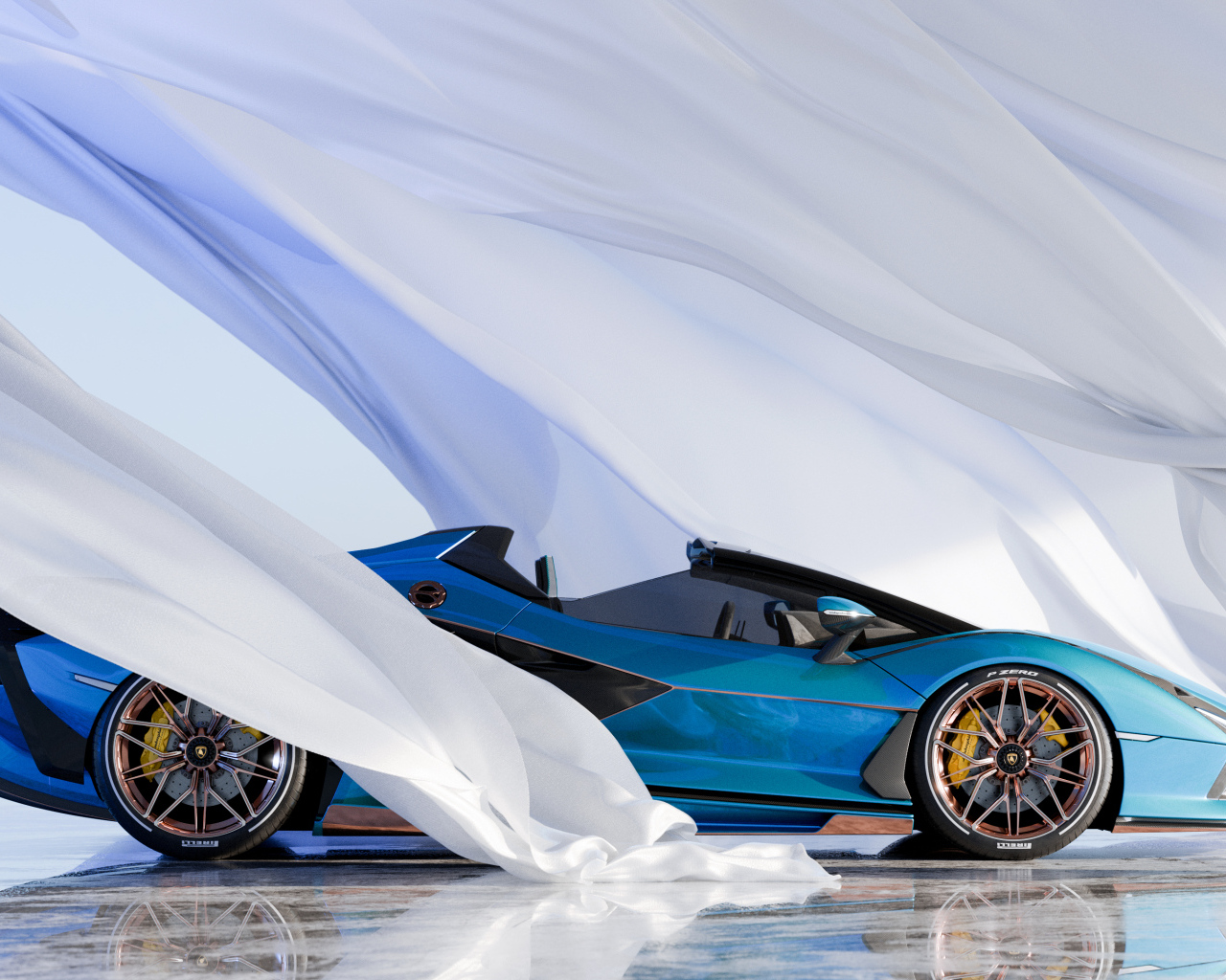 Голубой автомобиль Lamborghini Sián Roadster  с белой тканью