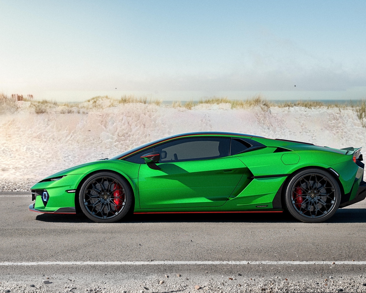 Спортивный зеленый автомобиль Lamborghini Temerario Alleggerita вид сбоку