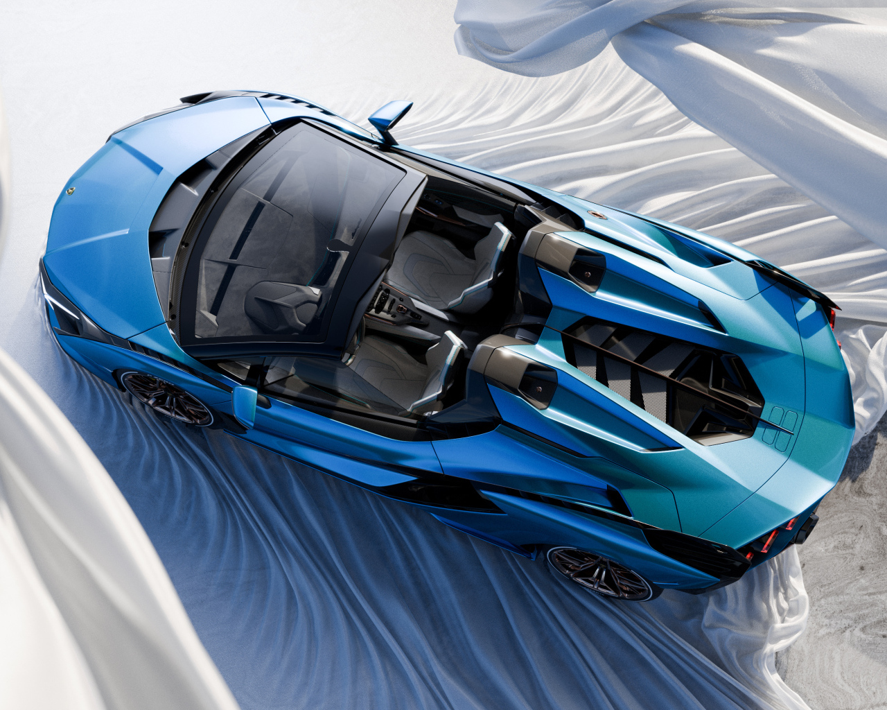 Вид сверху на голубой автомобиль Lamborghini Sián Roadster