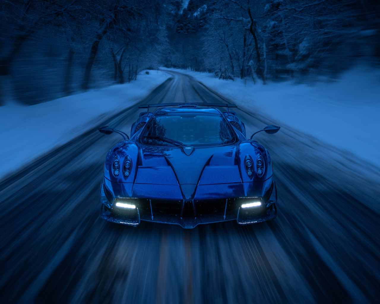 Автомобиль Pagani Huayra Roadster Tempesta на дороге зимой