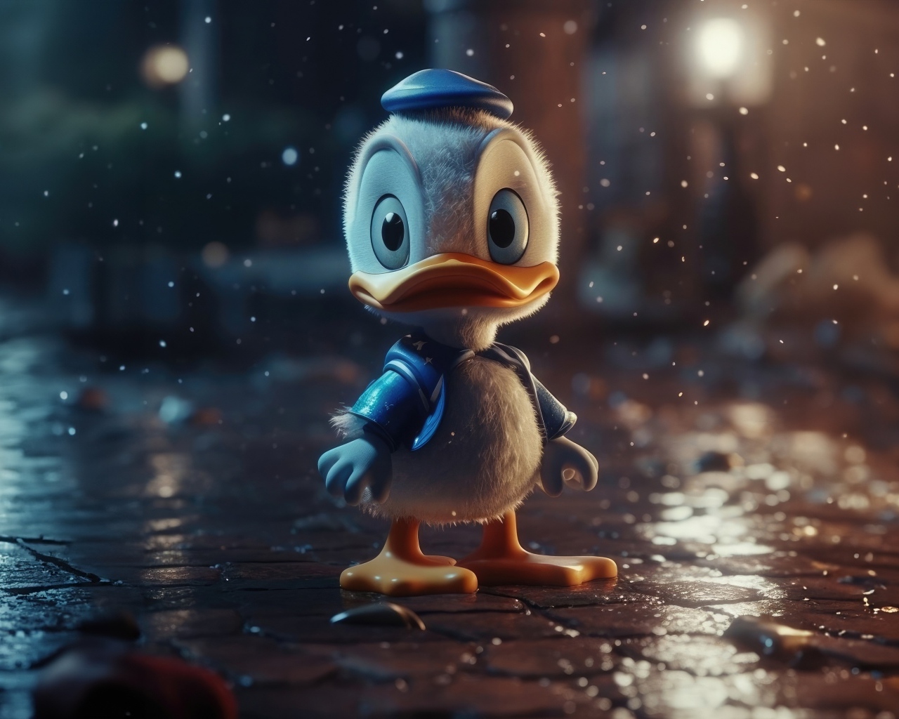 Маленький Дональд Дак под дождем на улице