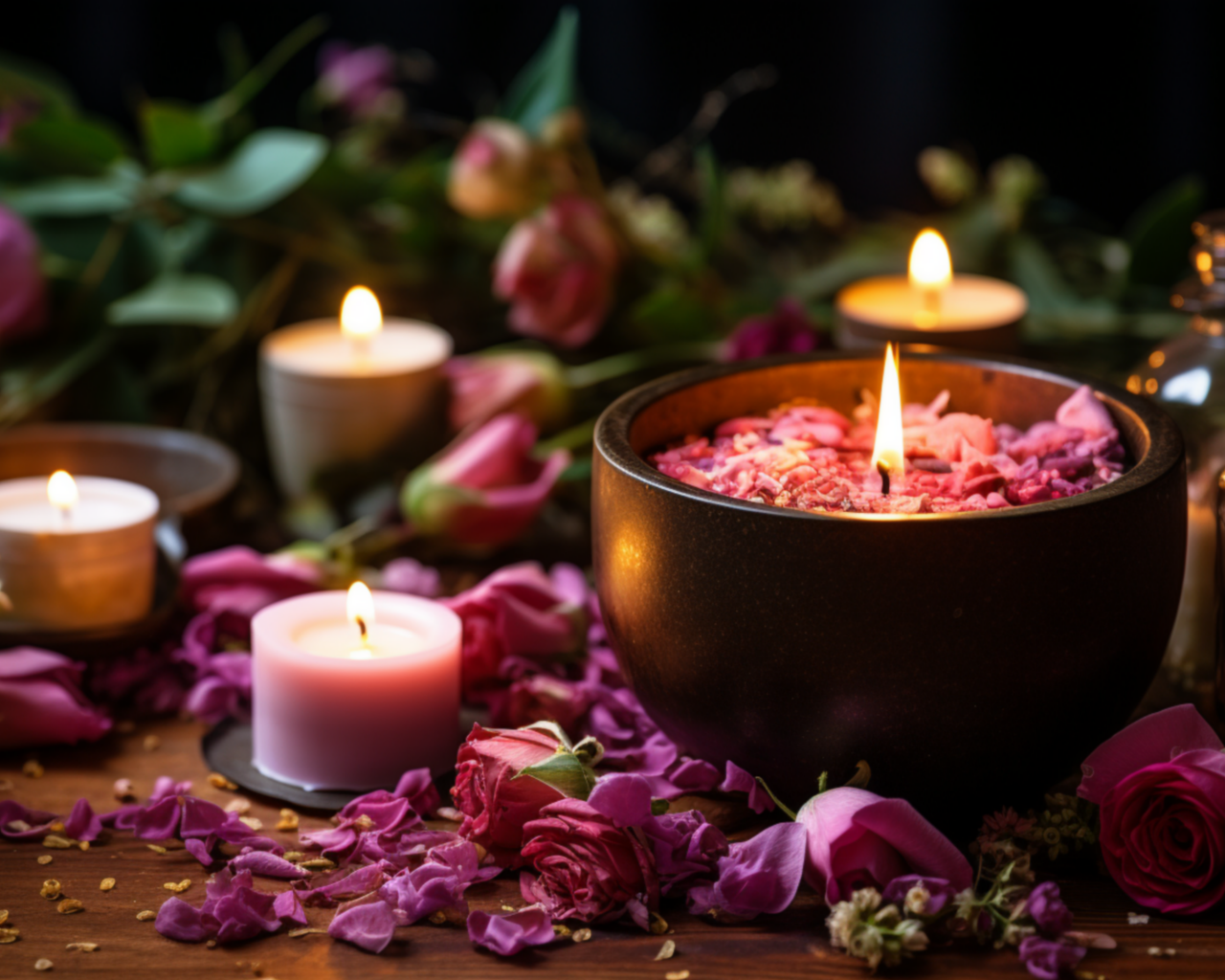 Зажженные свечи с бутонами роз на столе