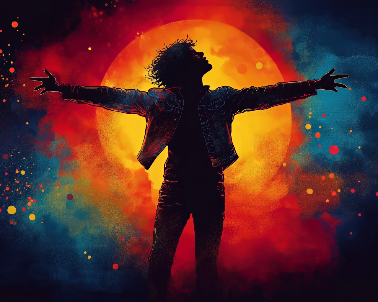 Нарисованный мужчина на фоне огненной луны