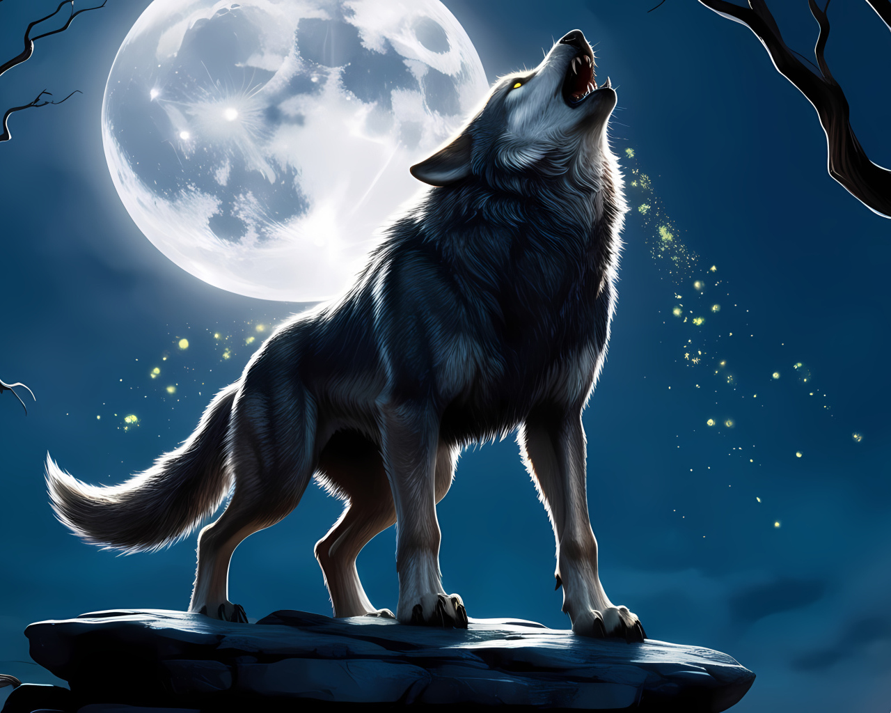 Нарисованный волк воет на луну