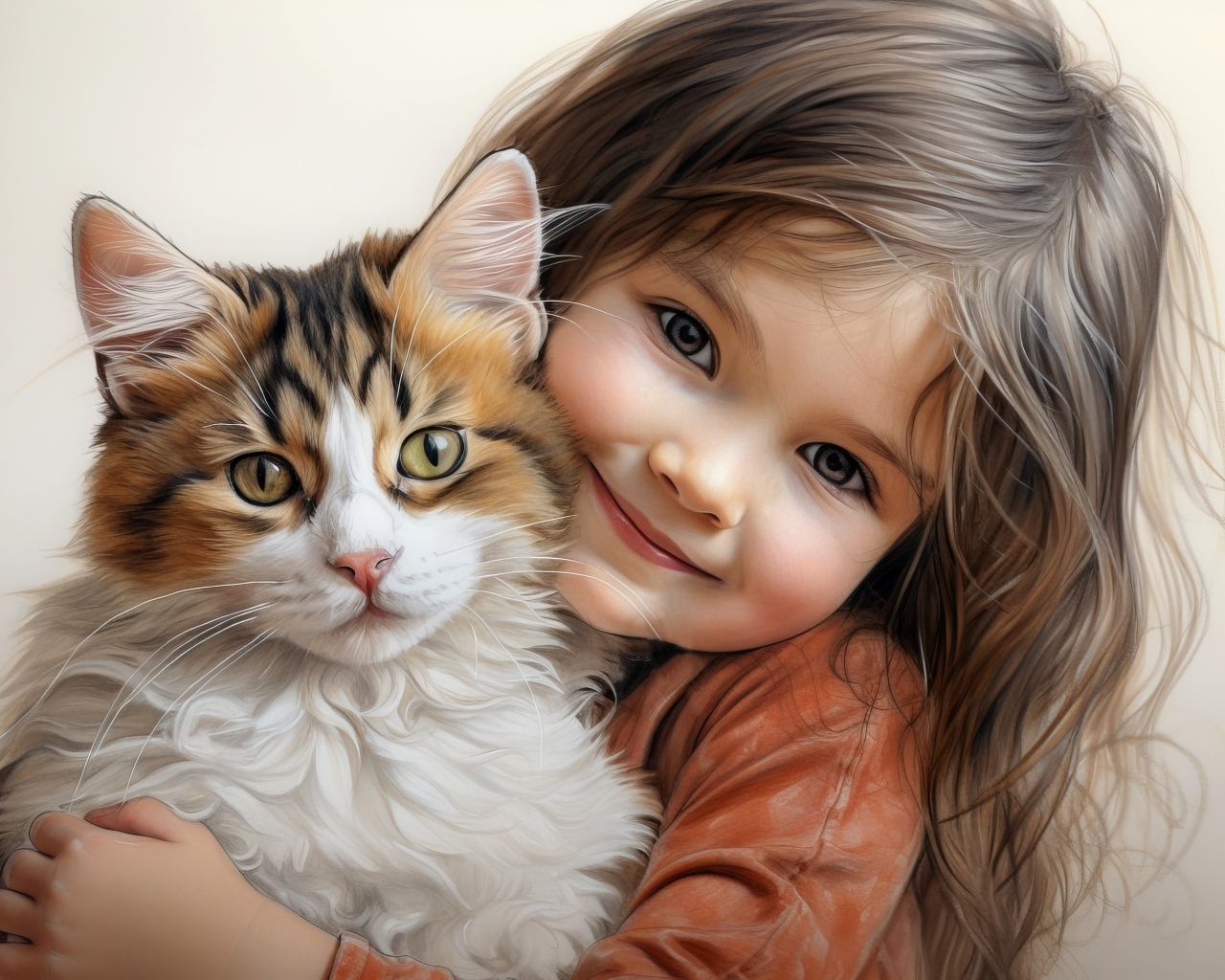 Красивая нарисованная девочка с котом