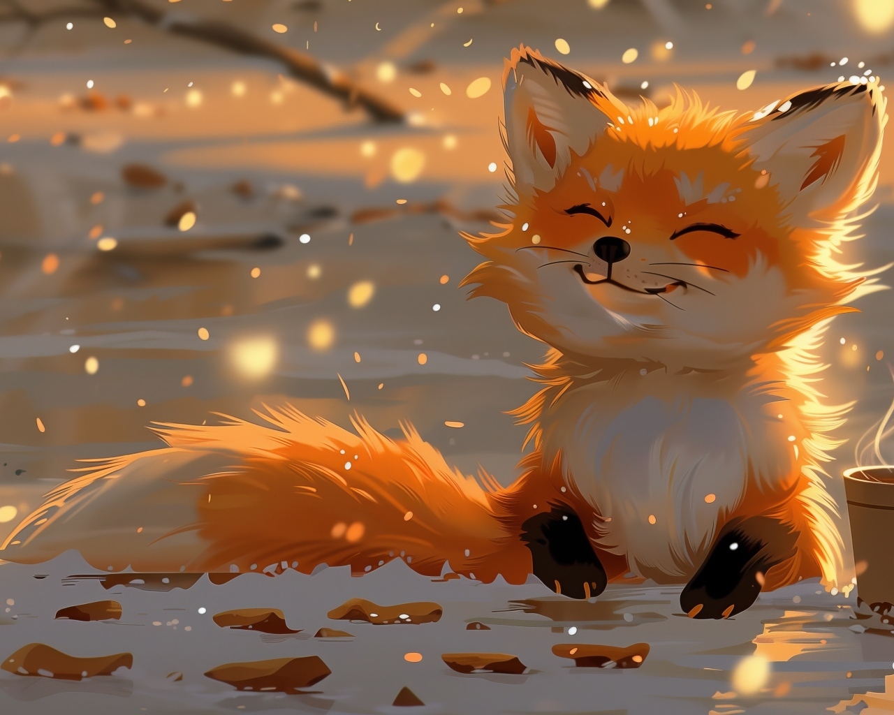 Нарисованный рыжий лисенок с чашкой