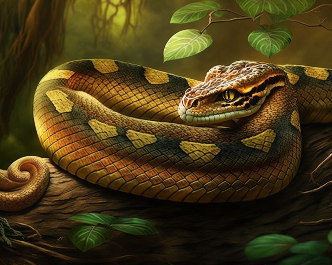 Нарисованная змея на ветке дерева